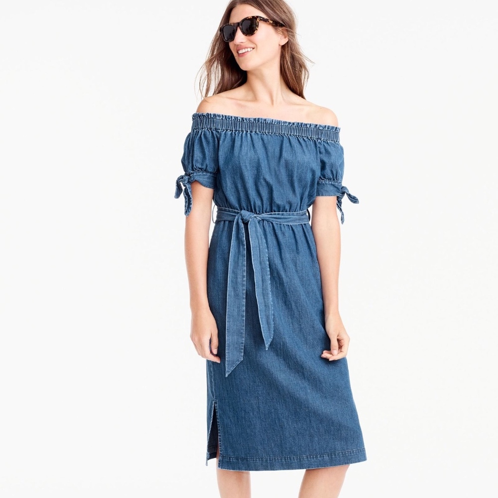 JCrew Off-the-shoulder chambray dress with tie wai